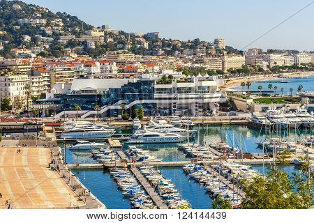 Cannes, France, - March 1, 2016: Panoramic view of Cannes, Promenade de la Croisette, the Croisette and Port Le Vieux of Cannes, France Cote d'Azur
