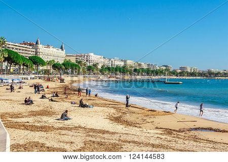 Cannes, France, - March 1, 2016: Panoramic view of Cannes Promenade de la Croisette the Croisette and Port Le Vieux of Cannes France Cote d'Azur