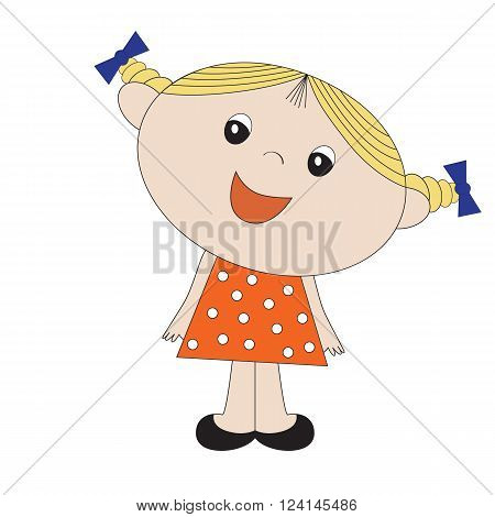 little girl in orange dress with pigtails and a bow