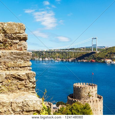 stairs in the fortress walls, Rumelihisari fortress on a background of blue sky in Istanbul, Turkey
