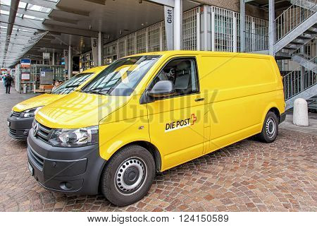 Wallisellen, Switzerland - 13 November, 2015: Swiss Post vans parked at the Glatt shopping center. Swiss Post provides the postal services in Switzerland, it is a public company owned by the Swiss Confederation.
