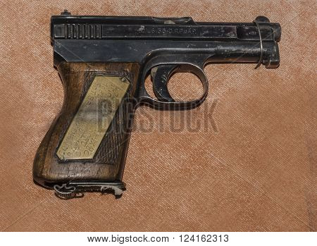 MOSCOW RUSSIA- DECEMBER 16 2015: - 6.35-mm pistol Mauser sample 1910/1934's Germany at the Central Museum of the armed forces on December 16; 2015 in Moscow