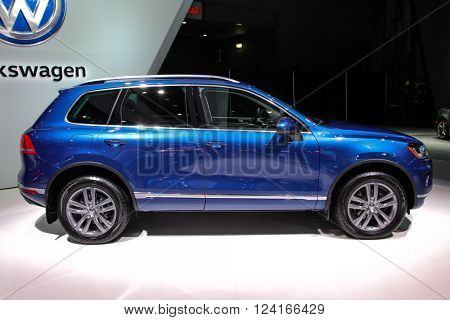 NEW YORK - MARCH 23: A Volkswagen Touareg at the 2016 New York International Auto Show during Press day,  public show is running from March 25th through April 3, 2016 in New York, NY.
