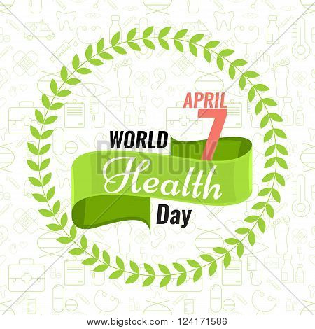 Creative sign or logo for 7 April - World Health Day Greeting stock vector. Green ribbon banner. Solid flat color design for Health Day concept. Seamless trendy outline medical icons