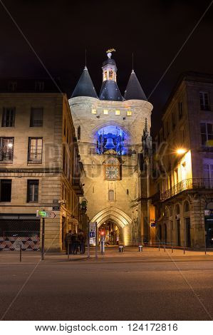 BORDEAUX, FRANCE - MAY 06, 2015: The Grosse Closhe belltower in historical center of Bordeaux in the night, France