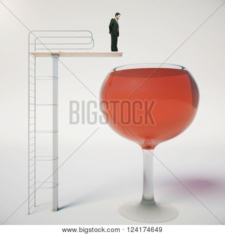 Alcohol addiction concept with businessman about to jump into huge wine glass on light background. 3D Rendering