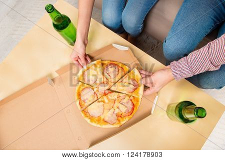 Top View Photo Of Two Lovers Having Date With Beer And Pizza