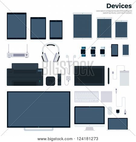 Modern gadgets vector flat illustrations. Up-to-date devices, era of technology concept. Computer, laptop, tablets, phones, smart watches, head-phones isolated on white background