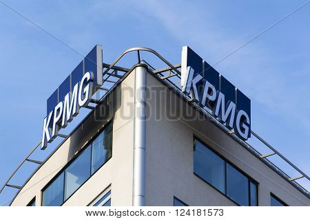 PRAGUE, CZECH REPUBLIC - MARCH 31: Professional service company KPMG logo on the building of the Czech headquarters on March 31, 2016 in Prague, Czech republic.