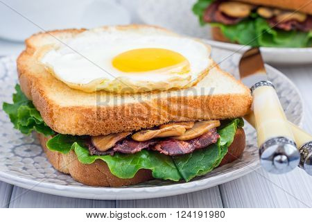 Traditional french toasted sandwich Croque madame with bacon and mushrooms