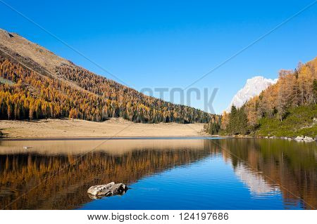 Mountain panorama from Italian Alps. Reflections on water from 