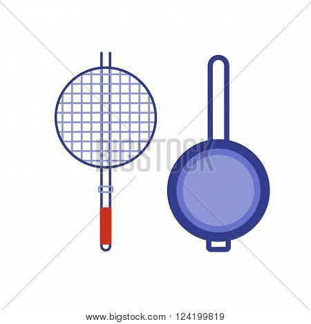 Barbecue brazier and pan flat icons. Kitchen appliance vector brazier pictogram in flat design. Cartoon pan isolated on white background