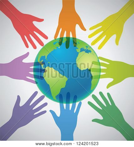 Many Colorful Hands surrounding the Earth Globe Unity World