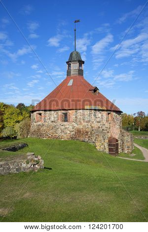 An ancient tower Lars Torstenson in the fortress Korela sunny october day. Priozersk, Leningrad region, Russia