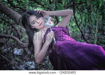 Portrait Of Asia Women With Mask On Nature