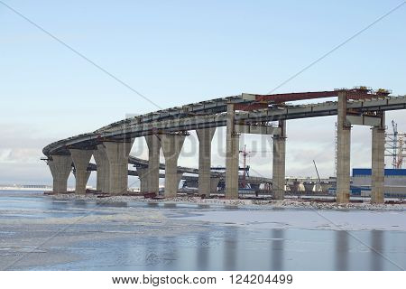 ST. PETERSBURG, RUSSIA - FEBRUARY 17, 2016: The construction of the central section of Western high speed diameter at Kanonersky island