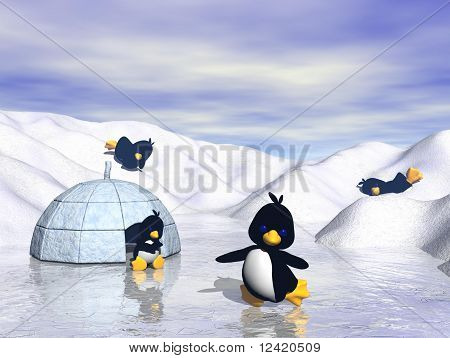 Juguetón de dibujos animados pingüinos en la nieve