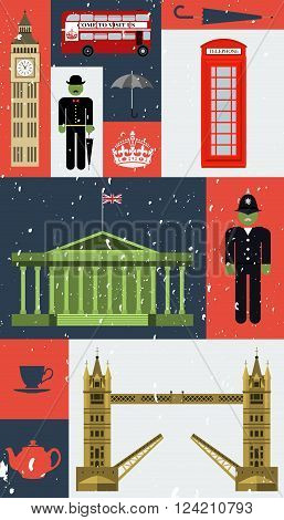 Grunge vector London city street icon set. A set of London symbols and landmarks. Vector Illustration. EPS 10.