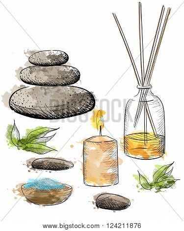 Spa vector set. Rock Salt Essential Oil Jacuzzi Hand draw vector illustration