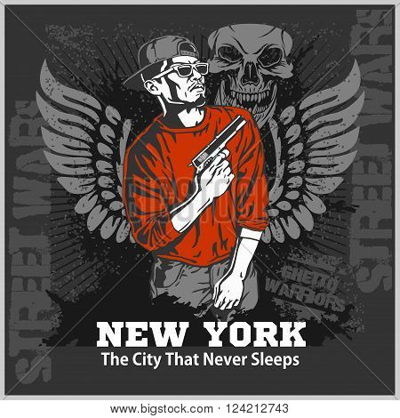 Bandit with gun. Man with revolver. Ghetto Warriors. Vector illustration