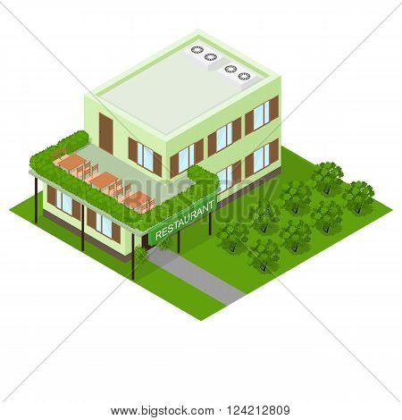 Green vegetarian restaurant. Flat isometric. The trees and shrubs. Eco cafe. Luxurious restaurant with natural and healthy food. Vector illustration.