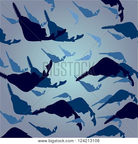 Background vector illustration of a large school of cruising Saw fish from below.