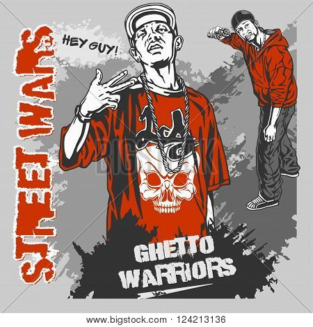 Bandits with guns and design elements - vector set. Ghetto Warriors. Vector illustration