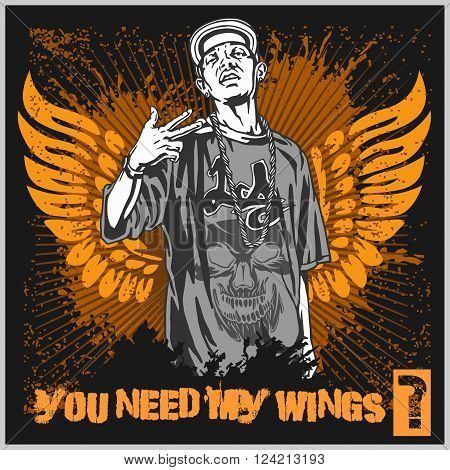 Bandit with gun. Man with wings. Ghetto Warriors. Vector illustration