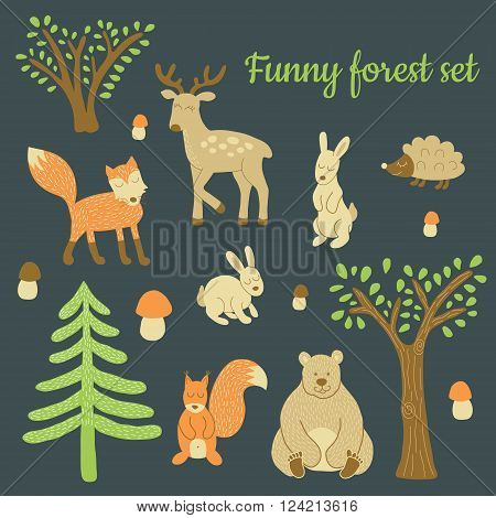 vector set of funny forest animals an other elements: fox deer rabbit bear hedgehog mushroom squirell trees
