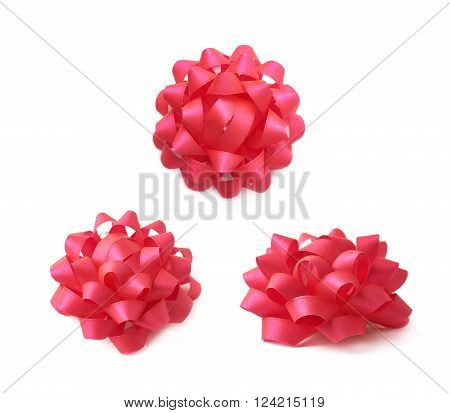 Decorational red ribbon gift bow isolated over the white background, set collection of three diffirent foreshortenings