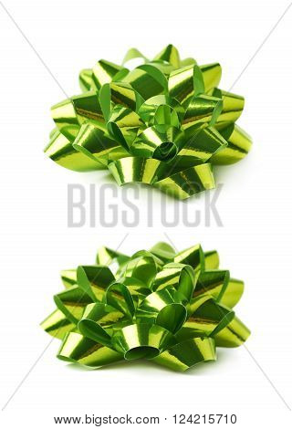 Decorational green ribbon gift bow isolated over the white background, set collection of two diffirent foreshortenings