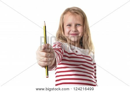 sweet beautiful female child 6 to 8 years old with cute blonde hair and blue eyes holding pencil isolated on white background in education and primary or junior school supplies concept