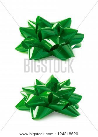 Decorational green ribbon gift bow isolated over the white background, set collection of two diffirent foreshortenings