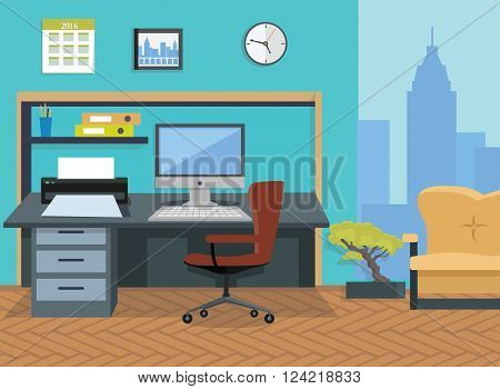 Modern office interior designer desktop in flat design. Interior  room. Office space. Vector illustration. Working place in office interior workplace. On table computer and printer near chair and sofa