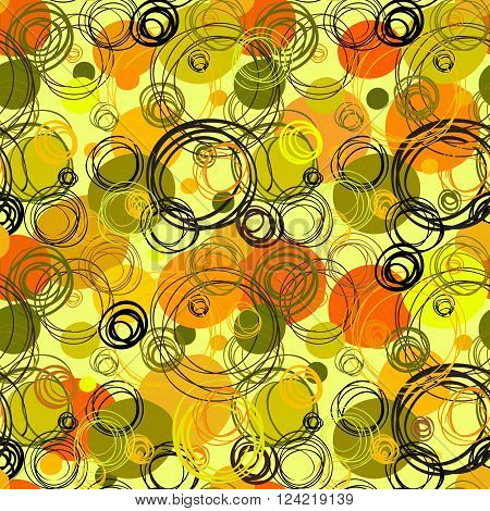 Seamless pattern. Abstract geometric background. Geen yellow white hand drawn intersecting outline circles in white background. Wrapping paper or textile fabric texture. Vector graphic design.