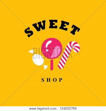 Vector flat candy bar and sweet shop logo design. Sweet store insignia design. Bakery, kid toys store, home made cakes and pies logo, restaurant, cafe, catering brand mark design.