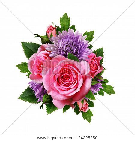 Aster and rose flowers bouquet isolated on white