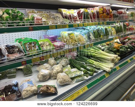 Hanoi, Vietnam - Apr 4, 2016: Many kind of fruits and vegetables being displayed for sale at a Vinmart supermarket. Vinmart is and retailer brand of Vingroup - a biggest Vietnamese corporation.