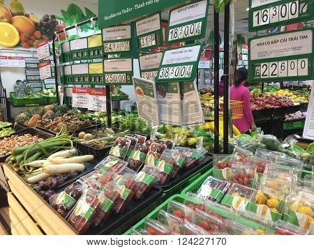 Hanoi, Vietnam - Apr 4, 2016: Many kind of fruits and vegetables being displayed for sale at a Vinmart supermarket. Vinmart is and retailer brand of Vingroup - a biggest Vietnamese corporation.