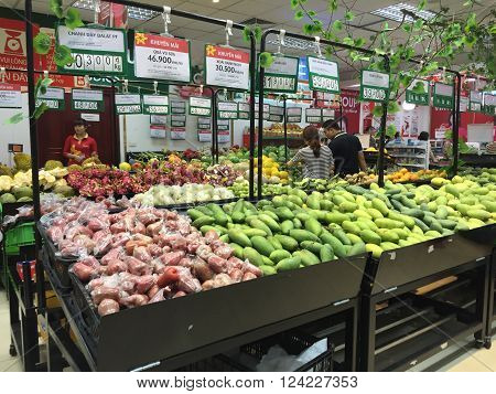 Hanoi, Vietnam - Apr 4, 2016: Many kind of fruits and vegetables being displayed for sale at a Vinmart supermarket. Vinmart is and retailer brand of Vingroup - a biggest Vietnamese corporation.