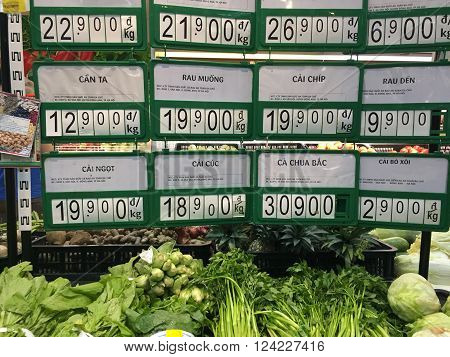 Hanoi, Vietnam - Apr 4, 2016: Many kind of fruits and vegetables being displayed for sale at a Vinmart supermarket. Vinmart is and retailer brand of Vingroup - a biggest Vietnamese corporation.