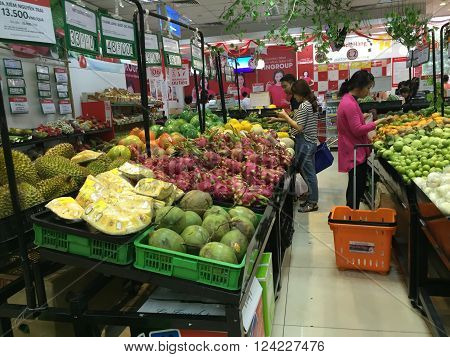 Hanoi, Vietnam - Apr 4, 2016: Many kind of fruits and vegetables being displayed for sale at a Vinmart supermarket. Vinmart is and retailer brand of Vingroup - a biggest Vietnamese corporation.