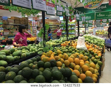 Hanoi, Vietnam - Apr 4, 2016: Many kind of fruits and vegetables being displayed for sale at a Vinmart supermarket. Vinmart is and retailer brand of Vingroup - a biggest Vietnamese corporation.