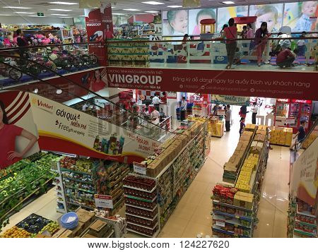 Hanoi, Vietnam - Apr 4, 2016: Indoor view of consumer goods talls at a Vinmart supermarket in Hanoi capital. Vinmart is and retailer brand of Vingroup - a biggest Vietnamese corporation.