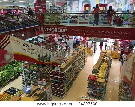 Hanoi, Vietnam - Apr 4, 2016: Indoor view of consumer goods talls at a Vinmart supermarket in Hanoi capital. Vinmart is and retailer brand of Vingroup - a biggest Vietnamese corporation.