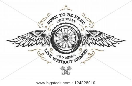 Wheel and wings in vintage style. Emblem, symbol, t-shirt graphic.