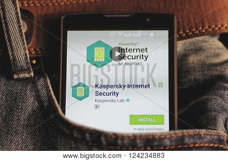 SARANSK, RUSSIA - April 3, 2016: Photo of Smartphone in a jeans pocket with Kaspersky Internet Security application in a Google Play Store on the screen.