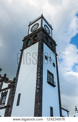 Tower of St. Sebastian church (Igreja Matriz de Sao Sebastiao) in Ponta Delgada San Miguel the Autonomous Region of the Azores Portugal.