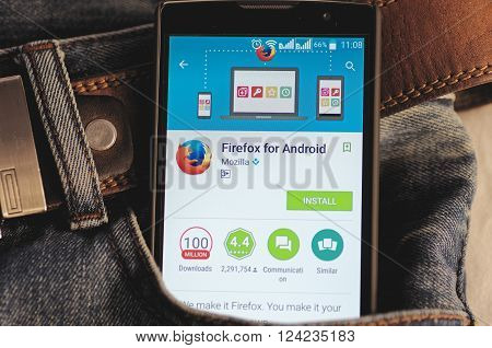 SARANSK, RUSSIA - April 3, 2016: Photo of Smartphone in a jeans pocket with Firefox application in a Google Play Store on the screen.