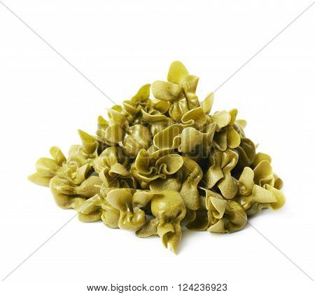 Pile of sacchettoni stuffed sacchetti pasta isolated over the white background